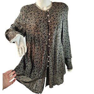 Lucifer Silky Button Front Blouse Sz 48 US 16 Long Slv Gray Navy Satin Trim VTG